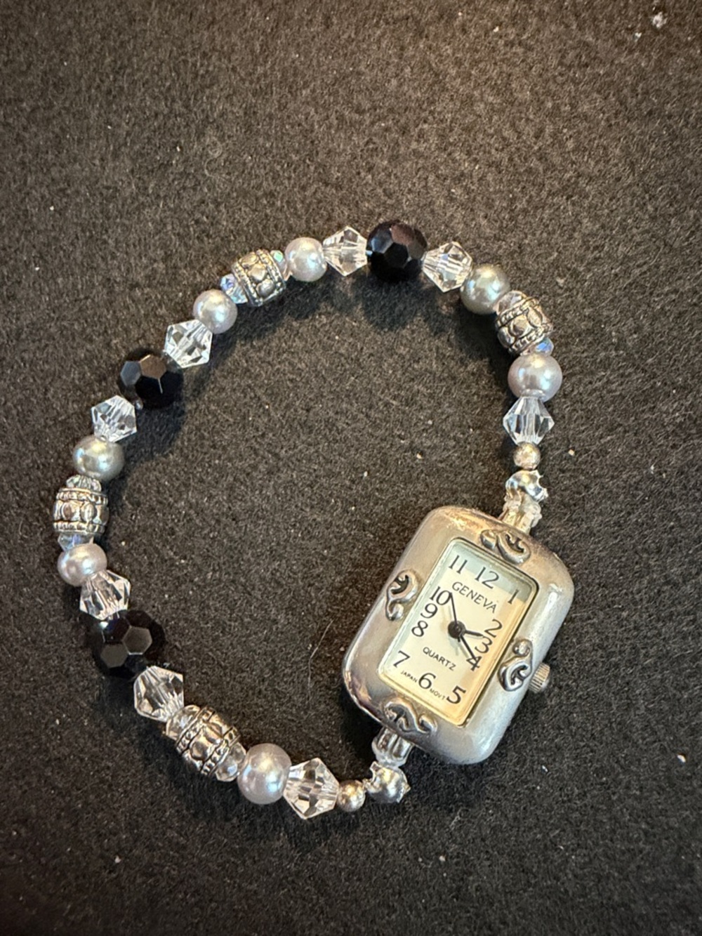 Geneva Silver-Tone Beaded Watch Bracelet - Black, Clear & Silver